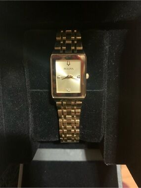 Bulova Gold Tone Rectangular Women's Watch with Crystal Accents